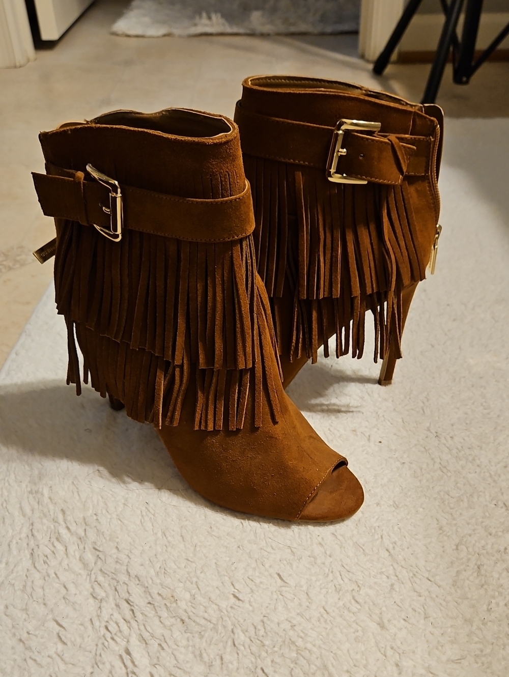 Express Brown Suede Fringe Peep-Toe Ankle Booties